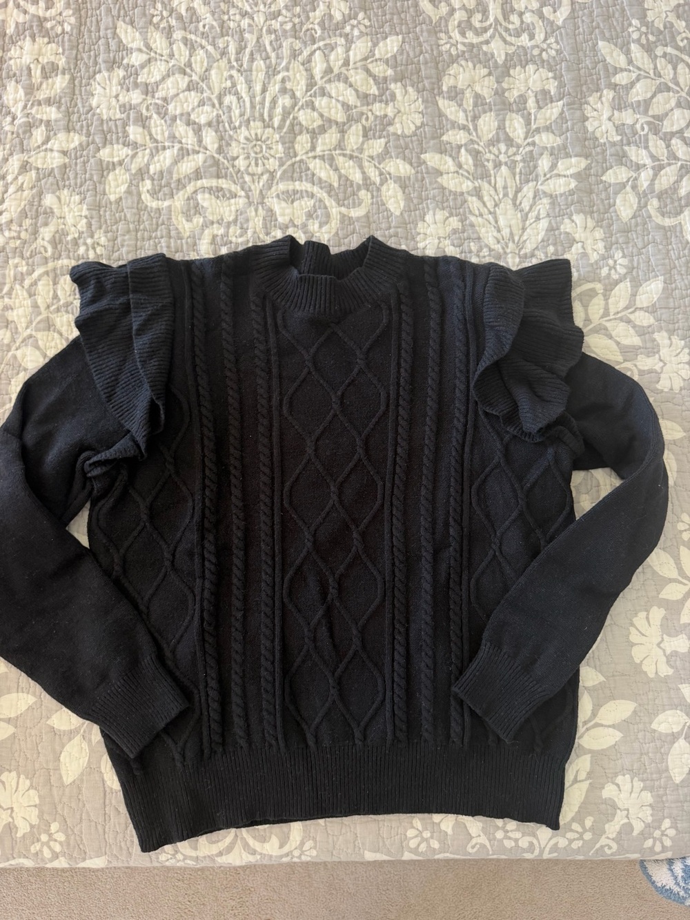 Amazon Black Cable Knit Sweater with Ruffle Shoulders - Women